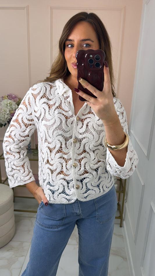 CLARA white crochet gold button shirt