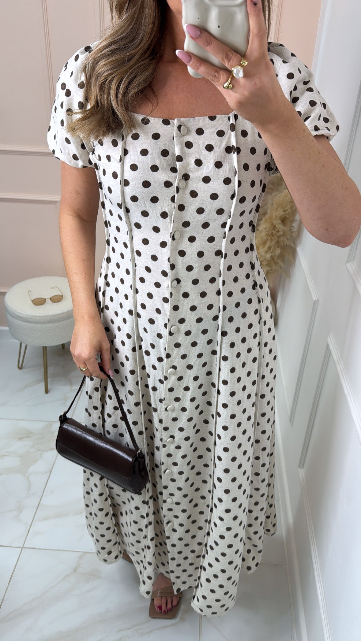 LILLIAN brown linen polka dot puff sleeve dress