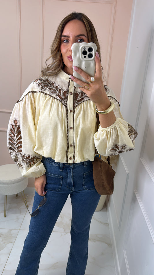 ANNA lemon embroidered puff sleeve blouse