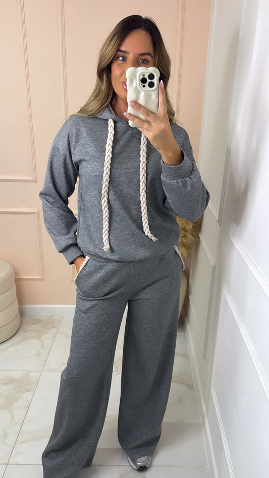 NANCY grey plait detail hooded lounge set