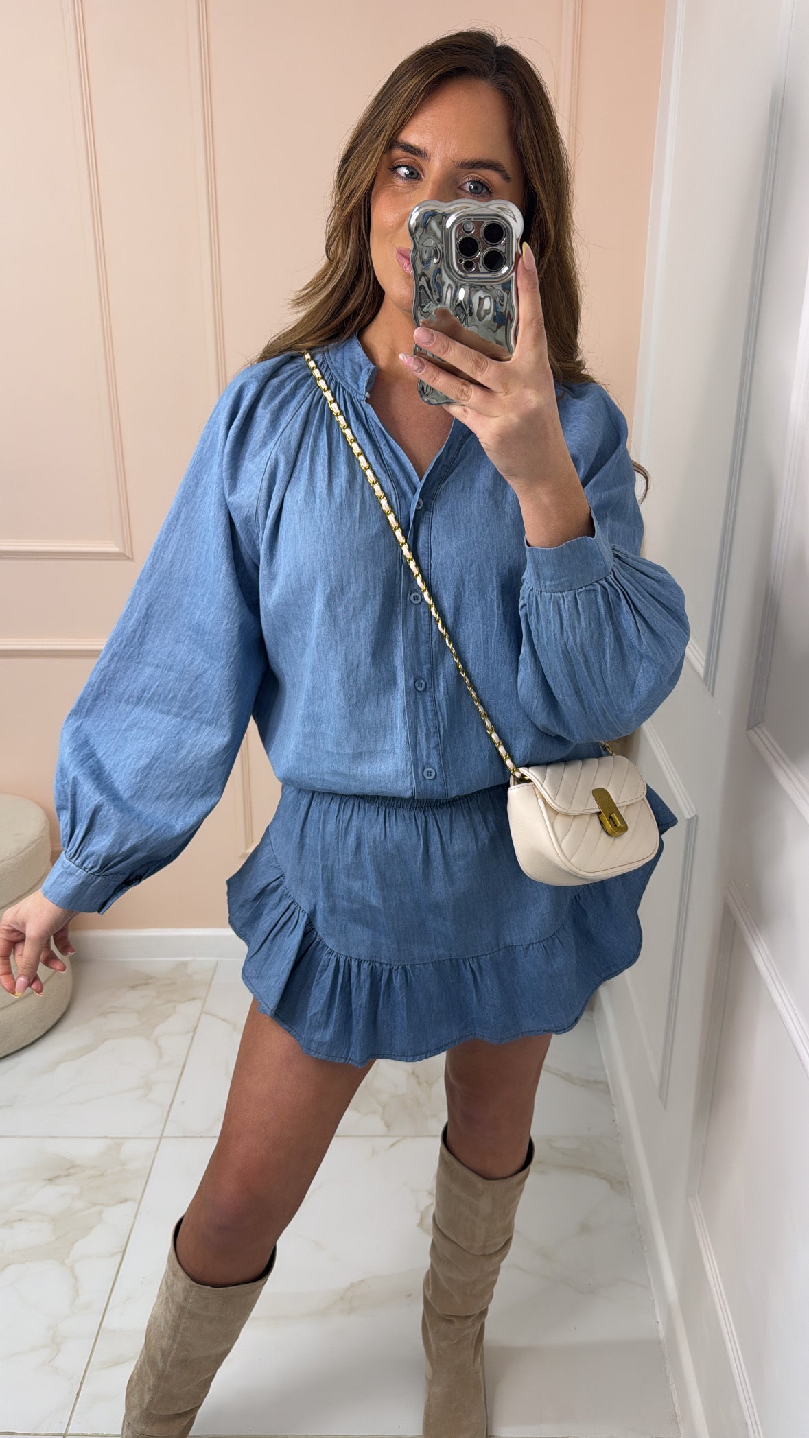 ISLA light wash frill denim skort set