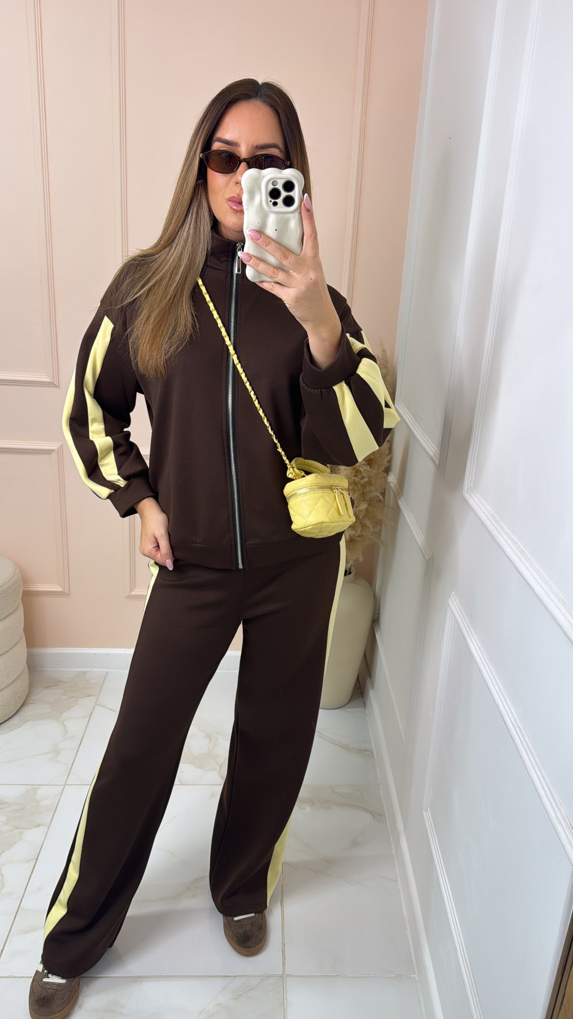CONNIE brown funnel neck side stripe tracksuit