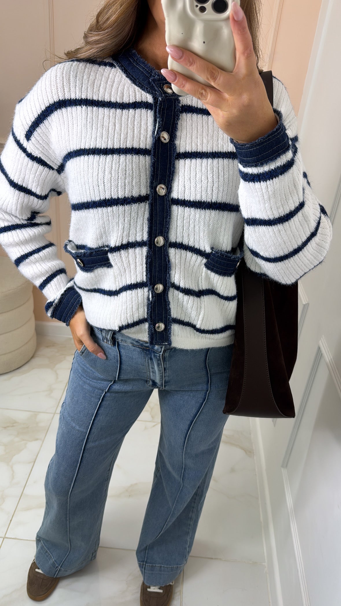 THEA cream denim detail stripe cardigan