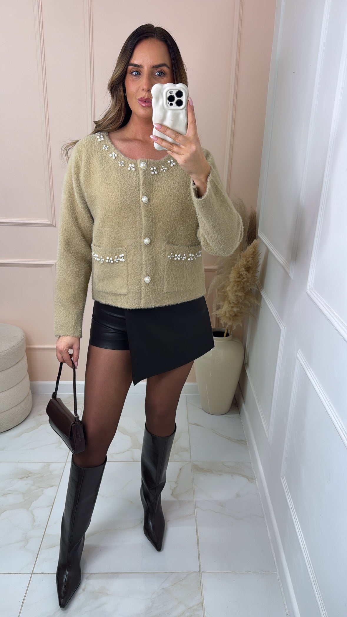 AINSLEIGH beige pearl detail fluffy cardigan