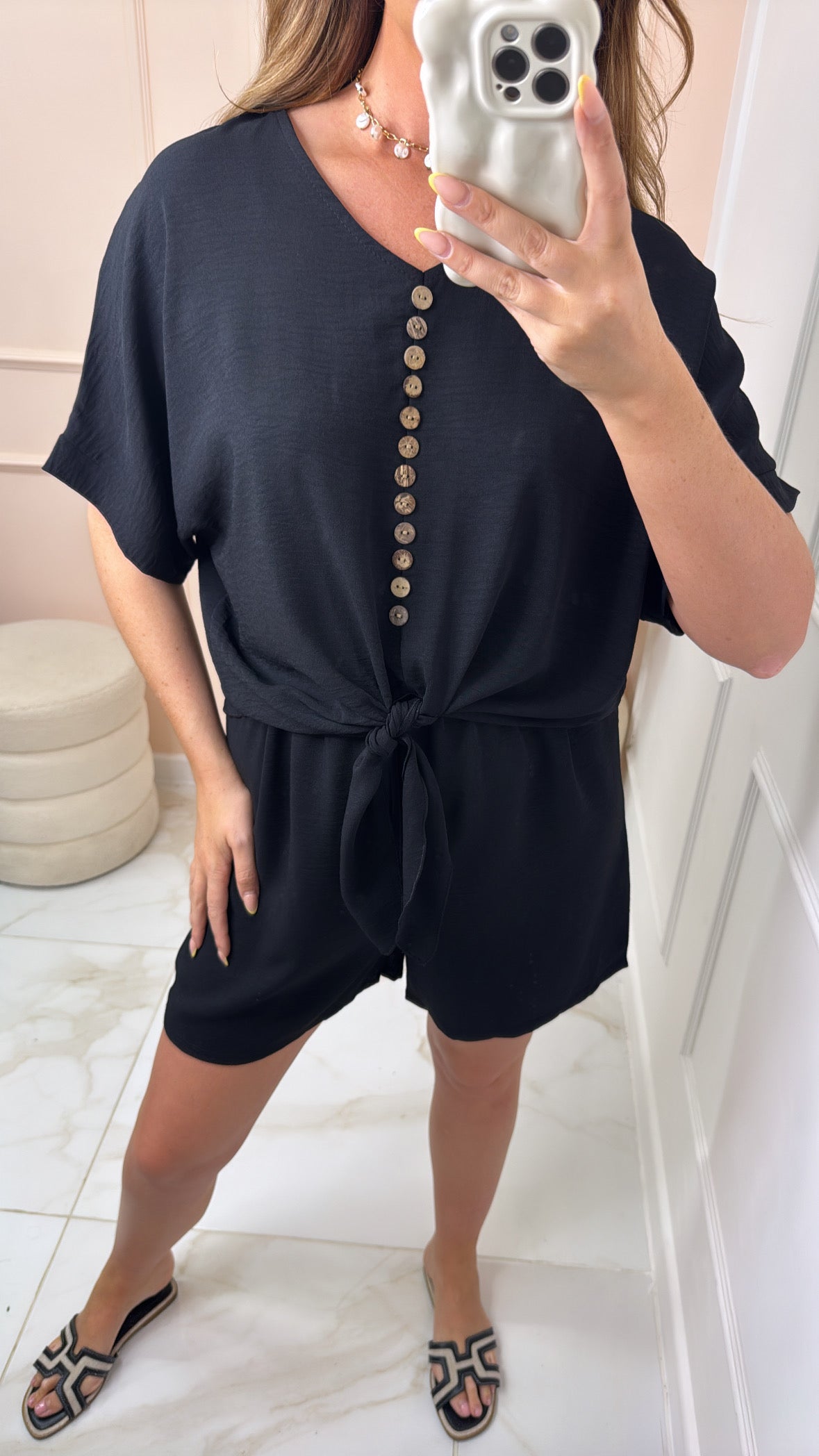 MACEY black button tie front short set