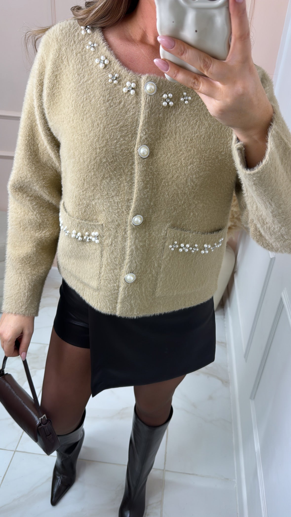 AINSLEIGH beige pearl detail fluffy cardigan