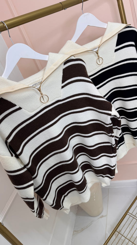 NELLIE black stripe knitted half zip