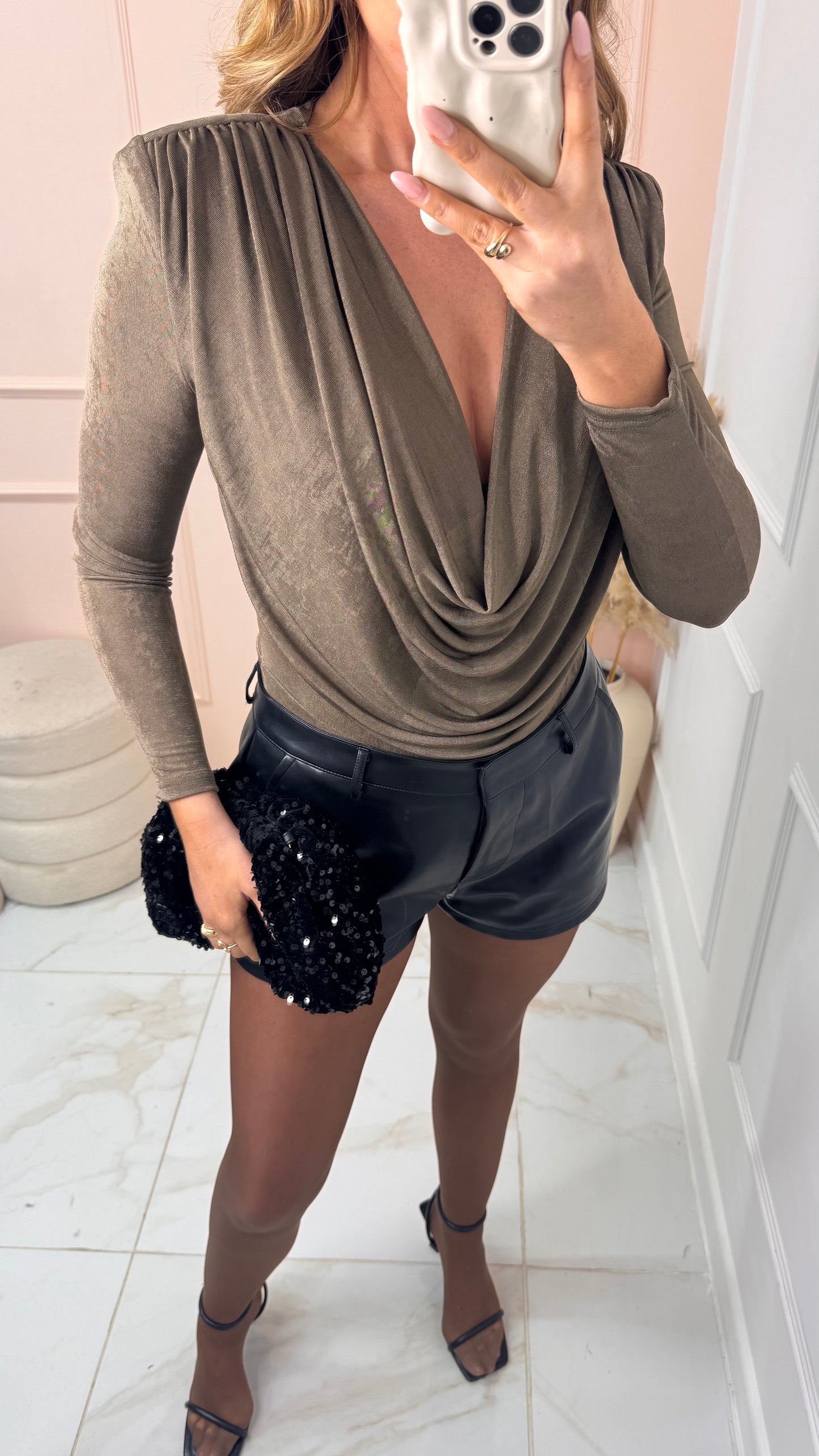 NADA khaki slinky cowl shoulder pad bodysuit