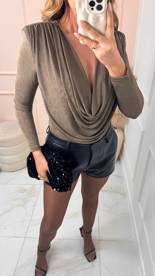 NADA khaki slinky cowl shoulder pad bodysuit