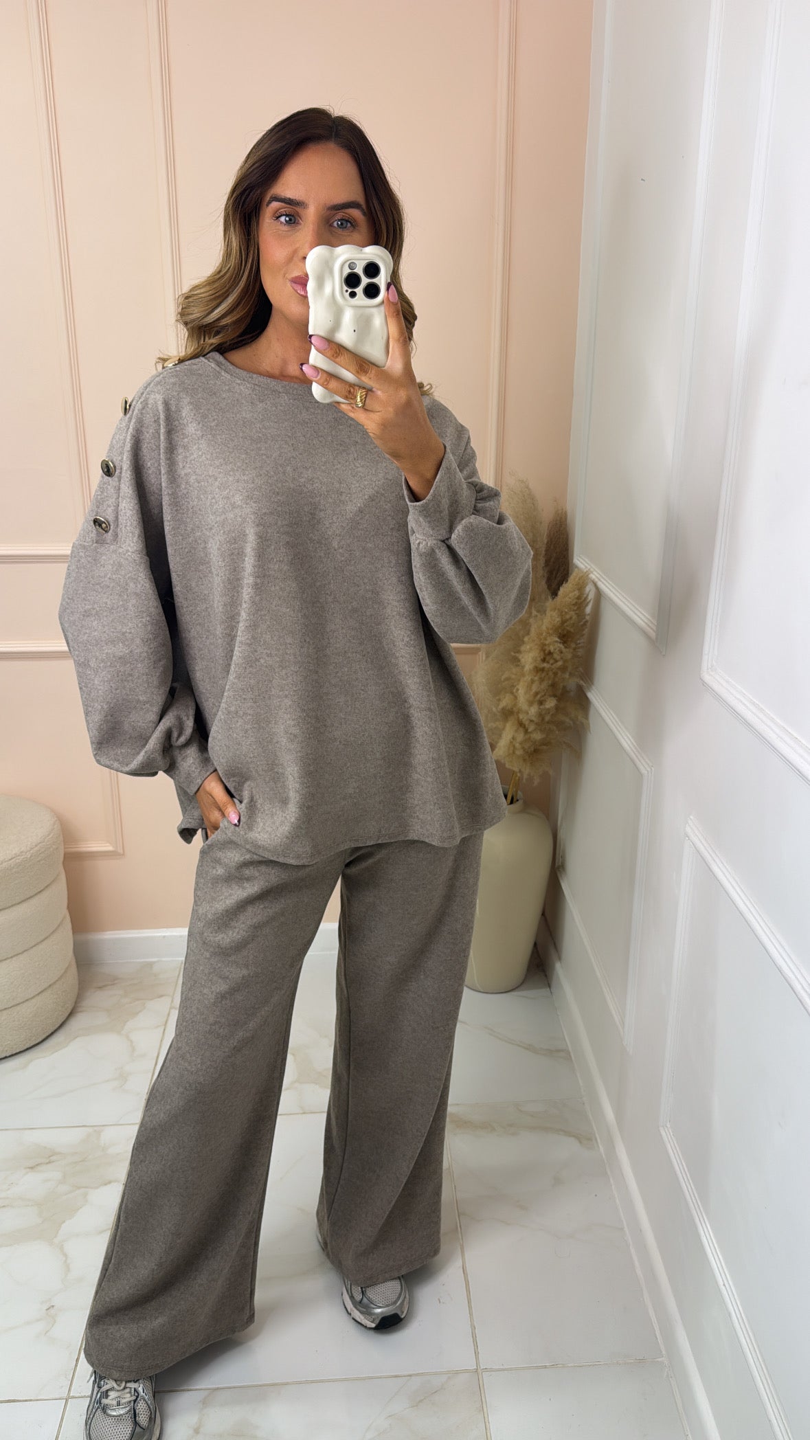 PENNY taupe gold button detail lounge set