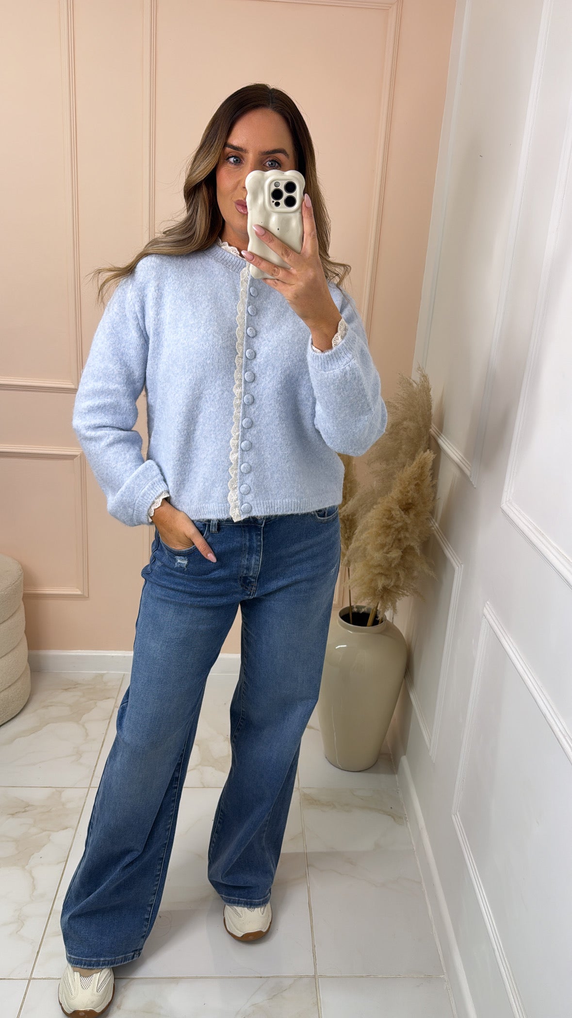 FINLEY powder blue broderie trim cardigan