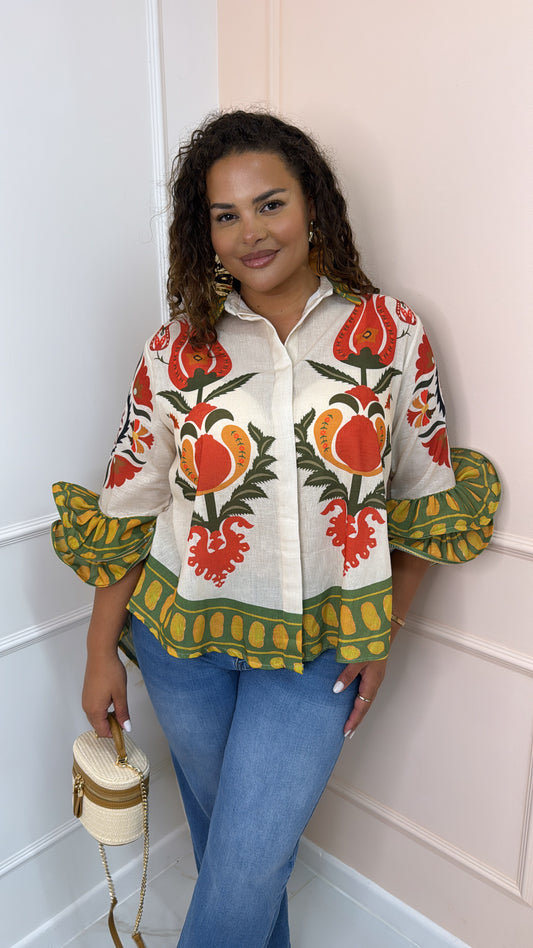 AIMEE beige printed exaggerated sleeve blouse