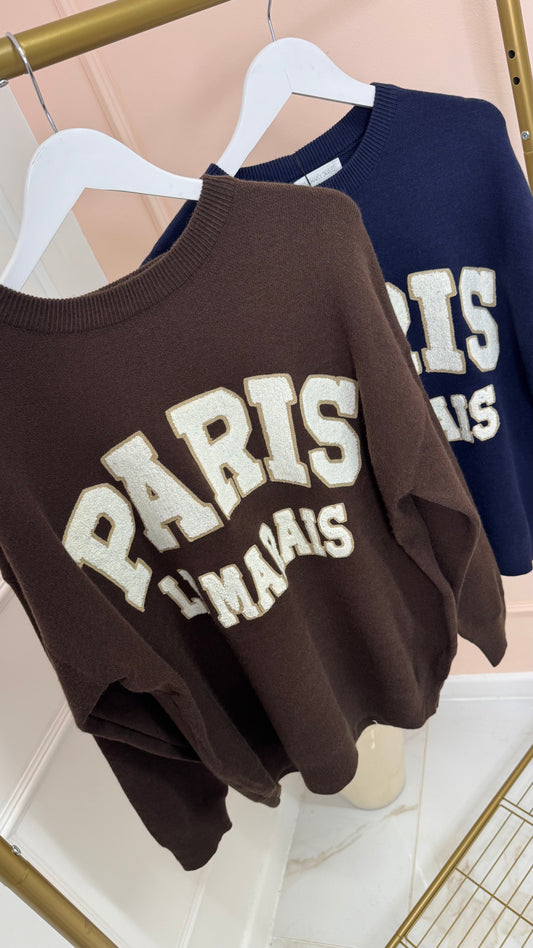 PARIS brown teddy effect embroidered knit sweater