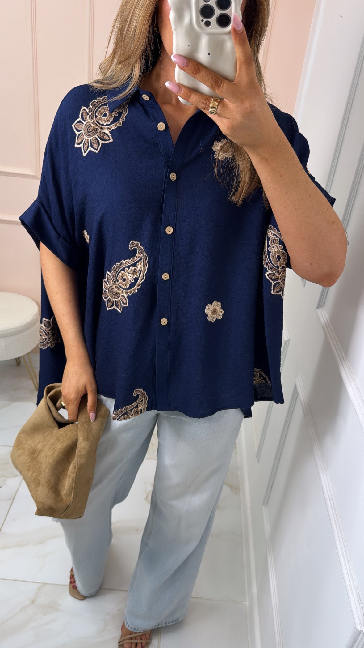ISABELLA navy embroidered paisley blouse