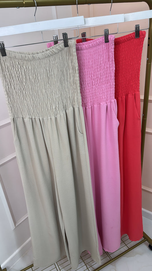 LIBBY beige shirred floaty bandeau jumpsuit