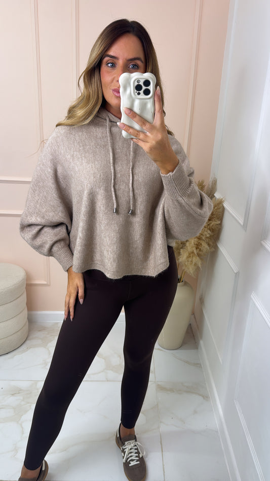 DARCIE mocha puff sleeve knit hoodie
