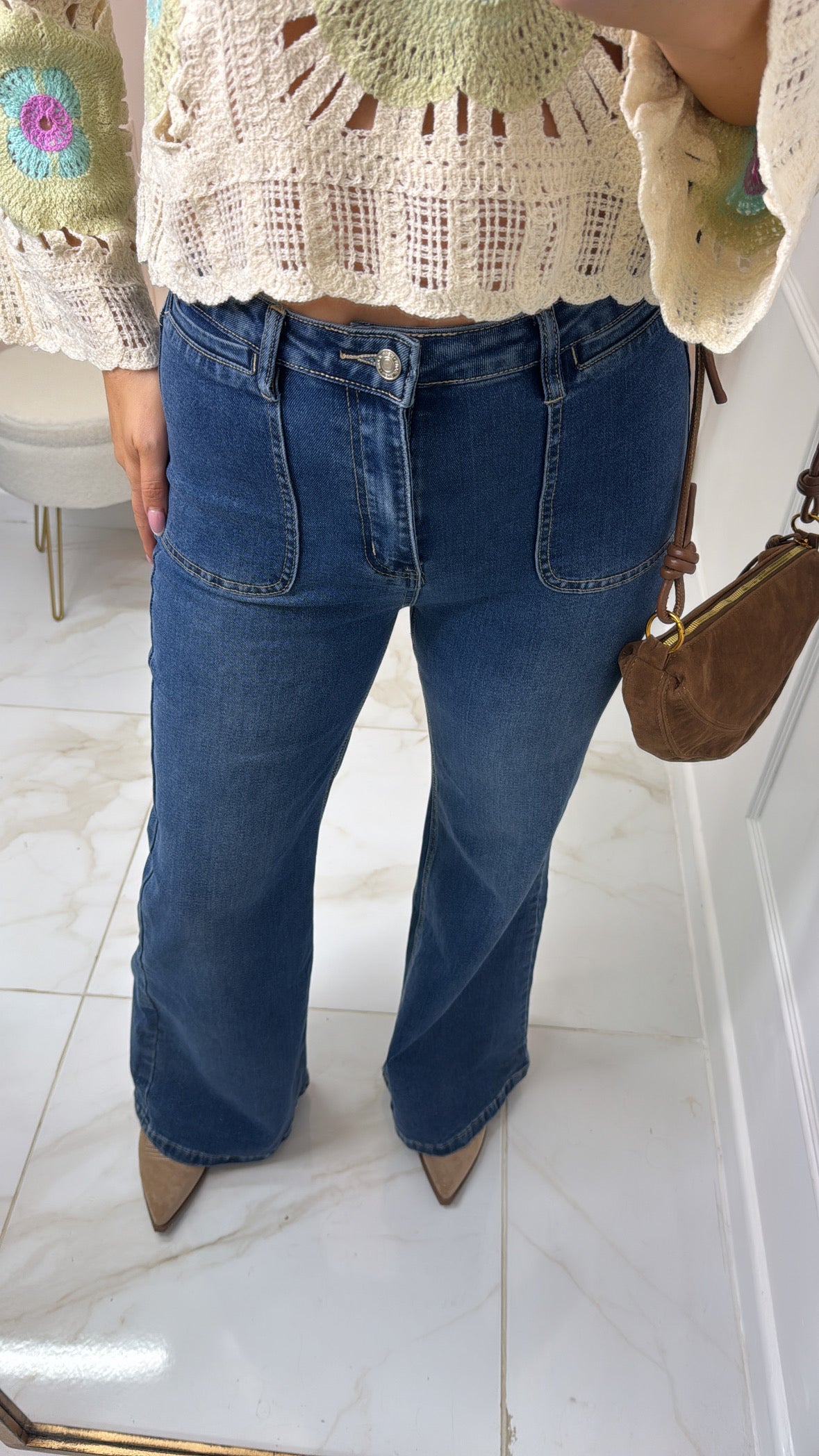 BETH mid wash patch pocket flared jeans