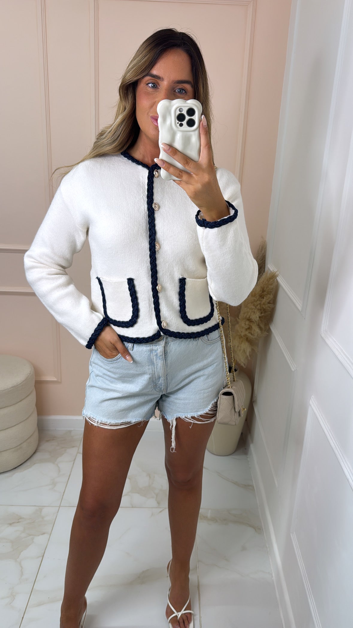 RUBY cream & navy button detail cardigan