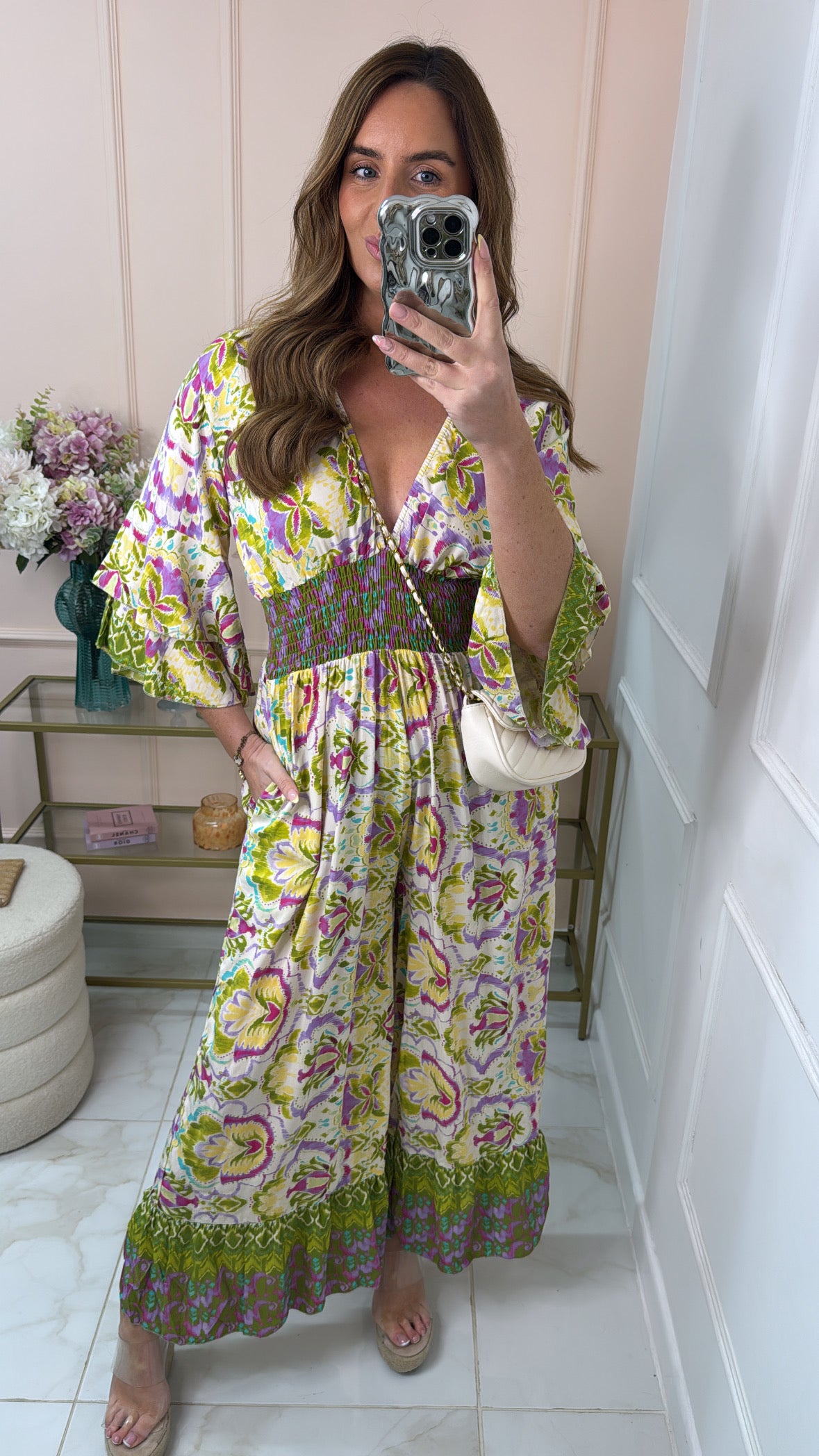 POPPY green printed shirred jumpsuit