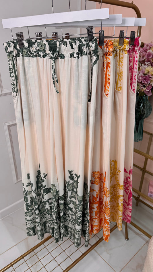 ADDISON green printed wide leg trousers