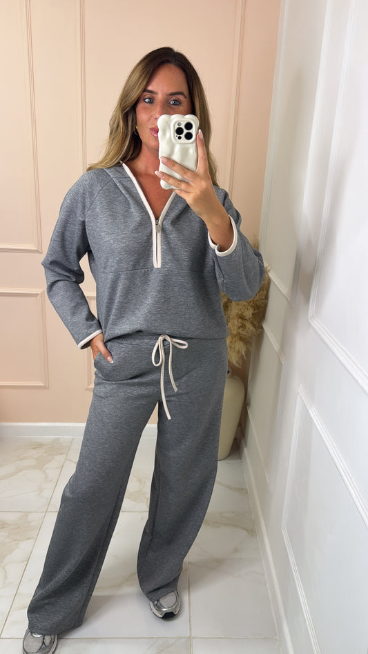 HOLLIE grey hooded half zip contrast lounge set