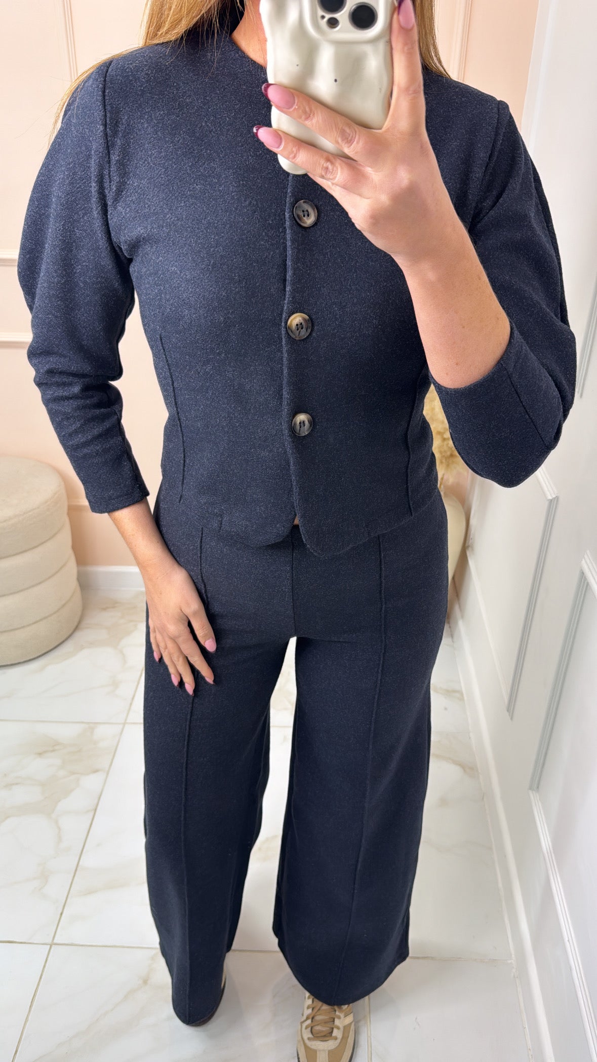 SHARNA petite navy button puff sleeve lounge set