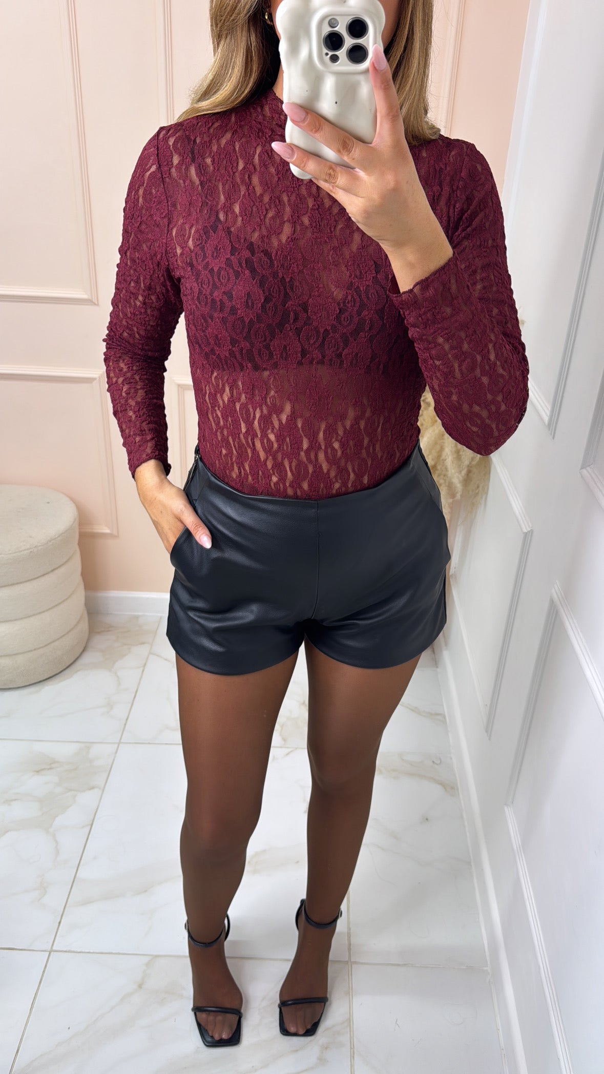 LILLIE burgundy lace open back bow bodysuit