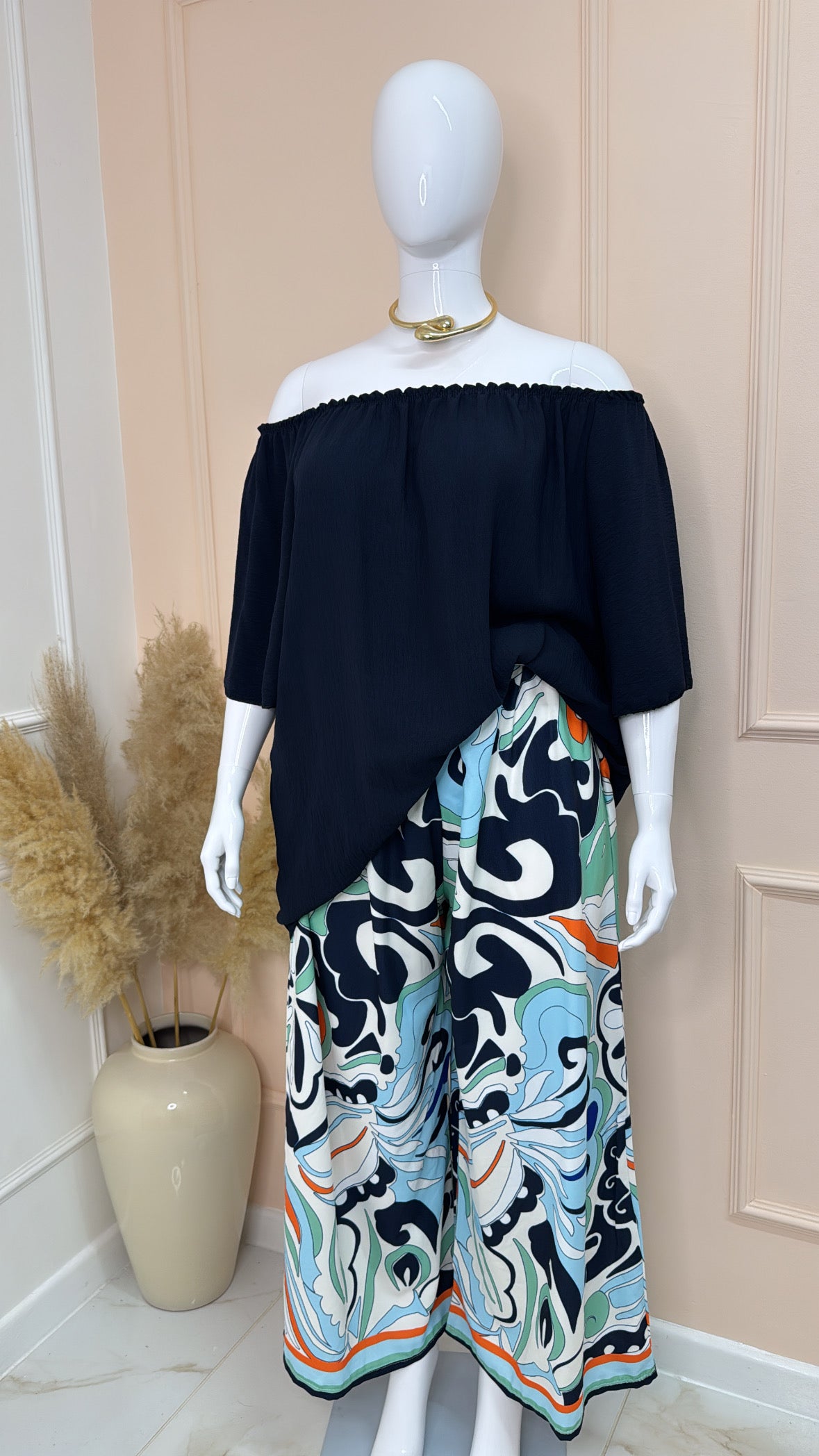 CARA navy printed bardot trouser set