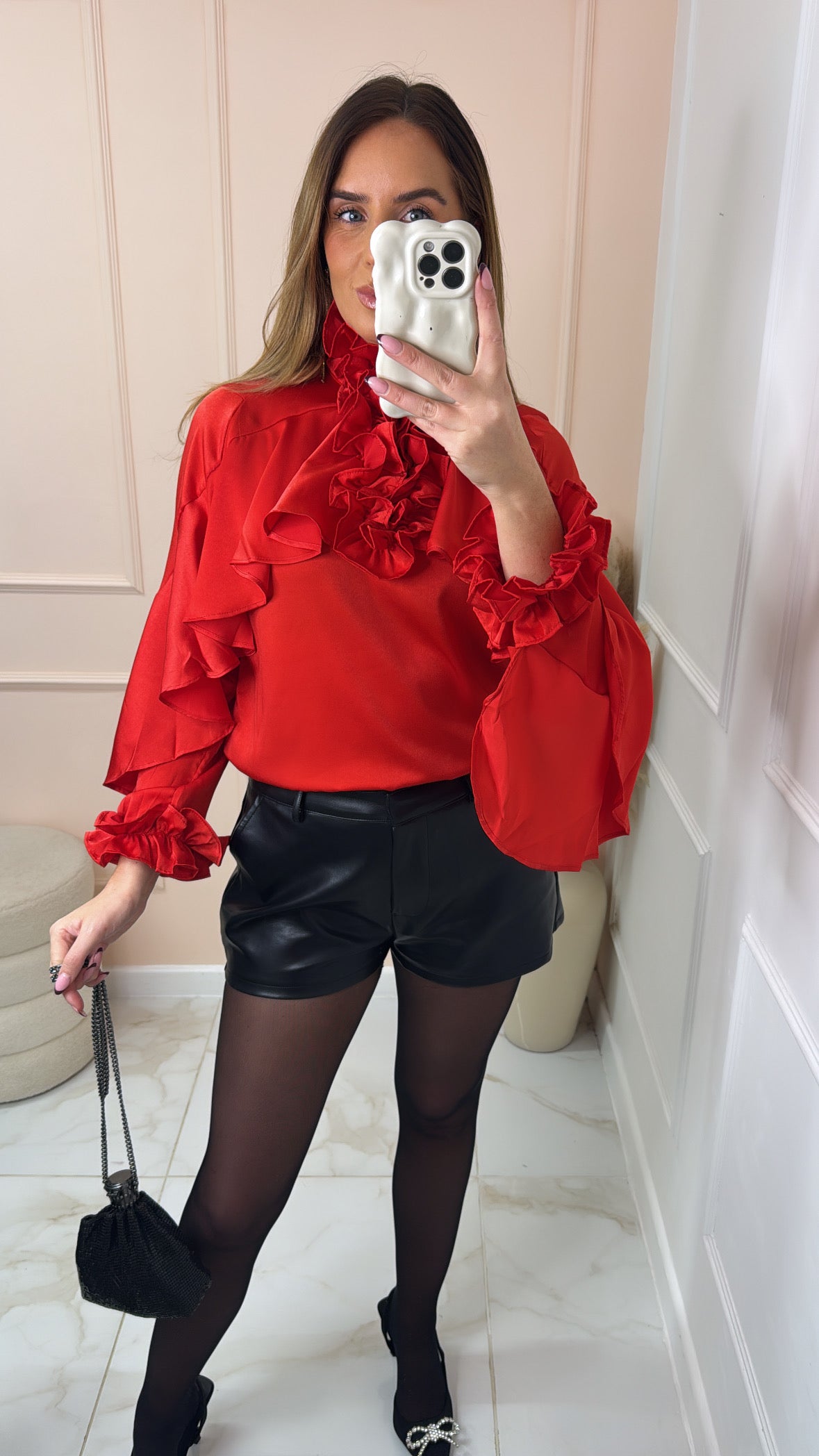 ARABELLA red satin frill blouse