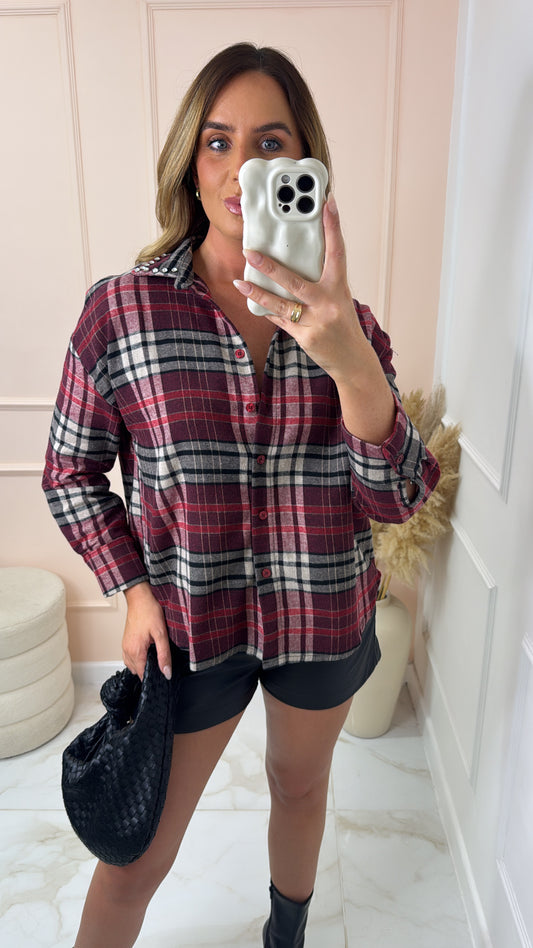 HAZEL wine check print embellished collar shirt