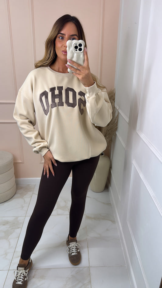 SOHO beige embroidered slogan sweatshirt