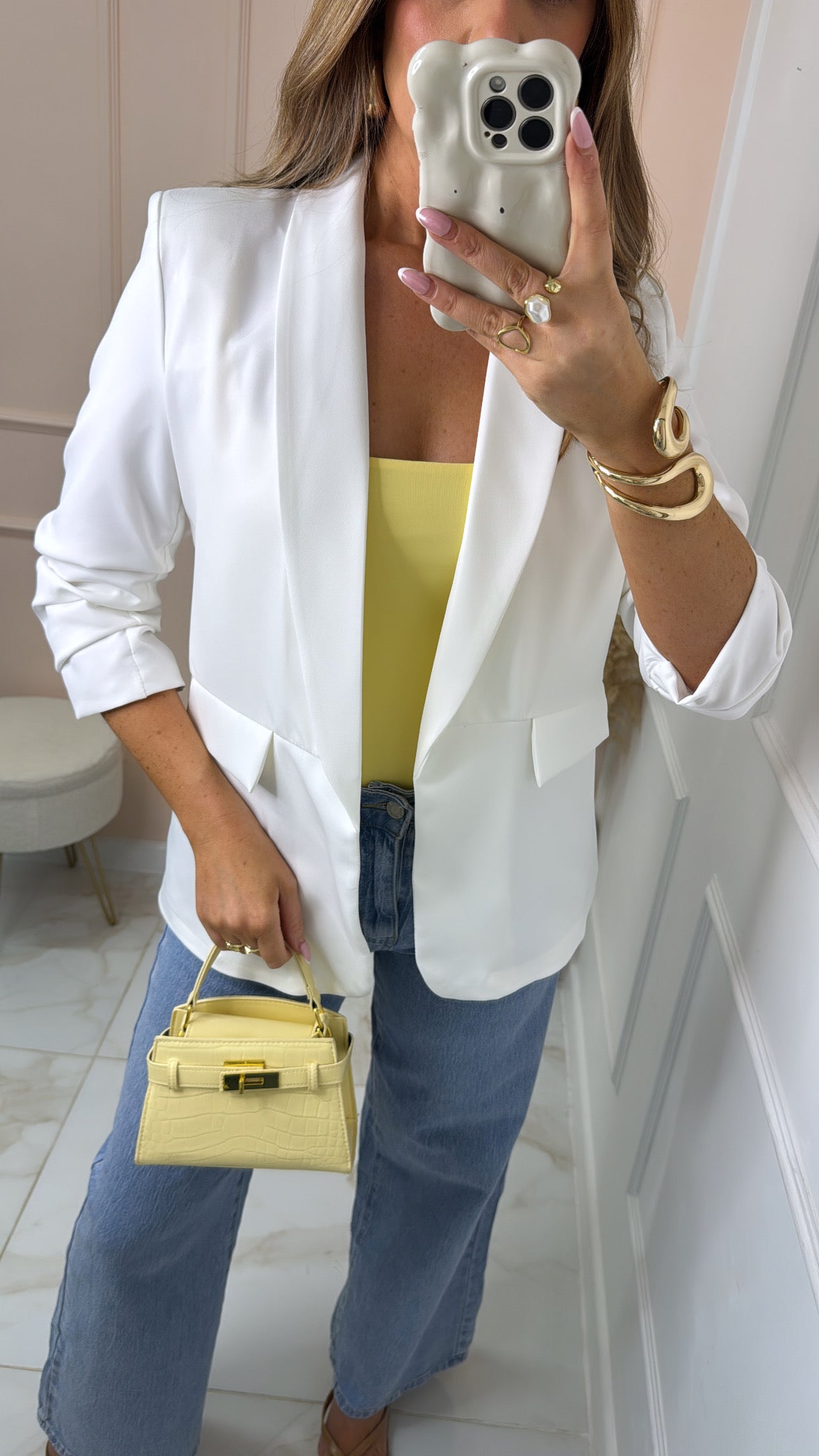 FREYA white ruched sleeve blazer