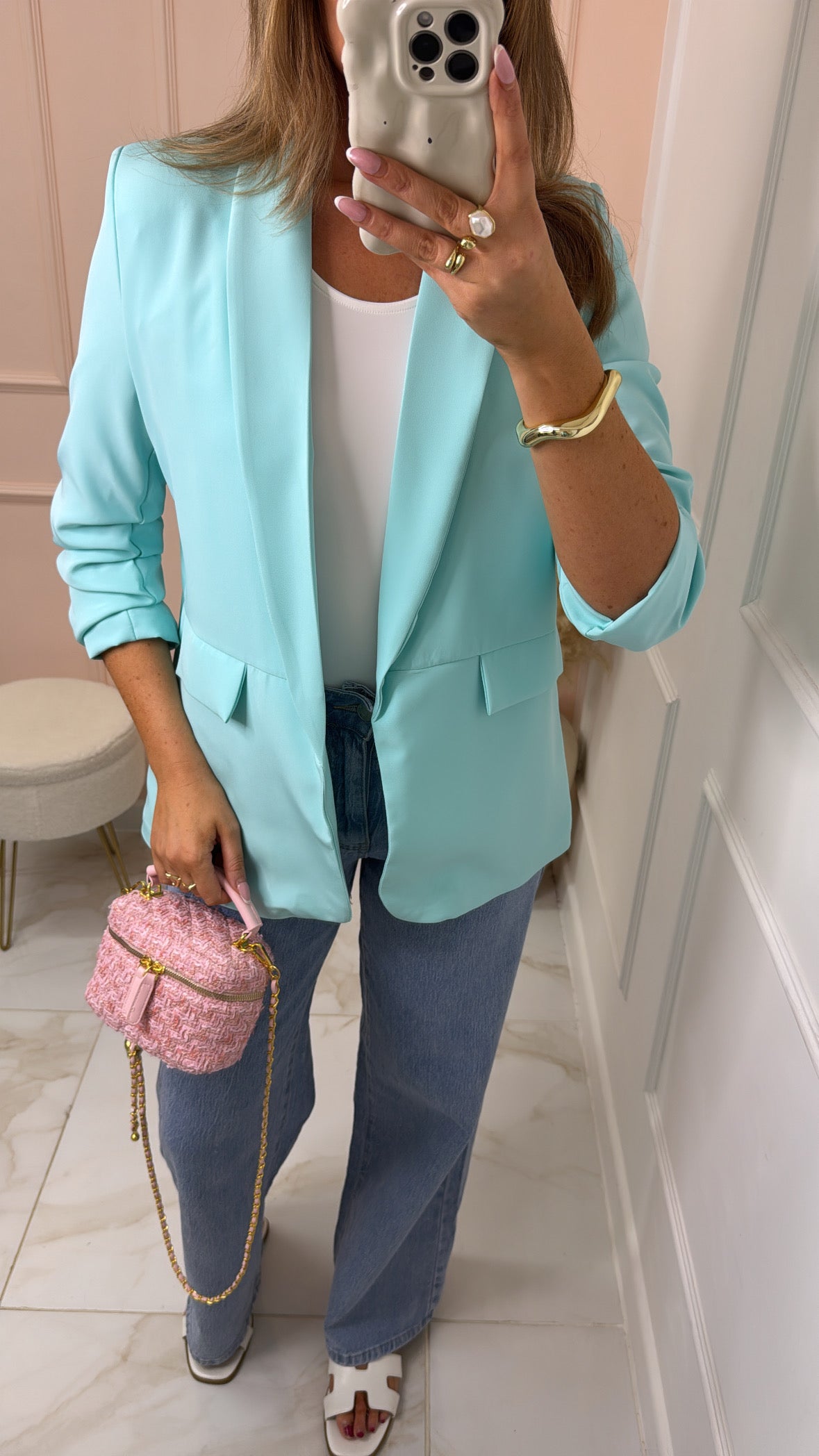 FREYA mint ruched sleeve blazer