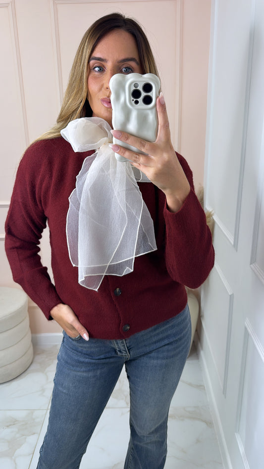 DIXIE wine organza bow knit cardigan