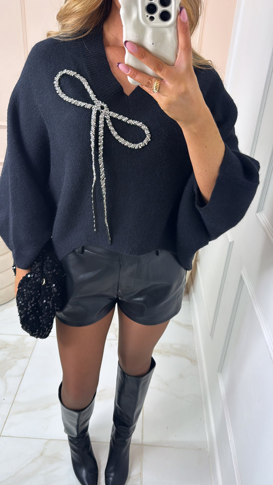 BRITTANY black diamante bow dip hem jumper