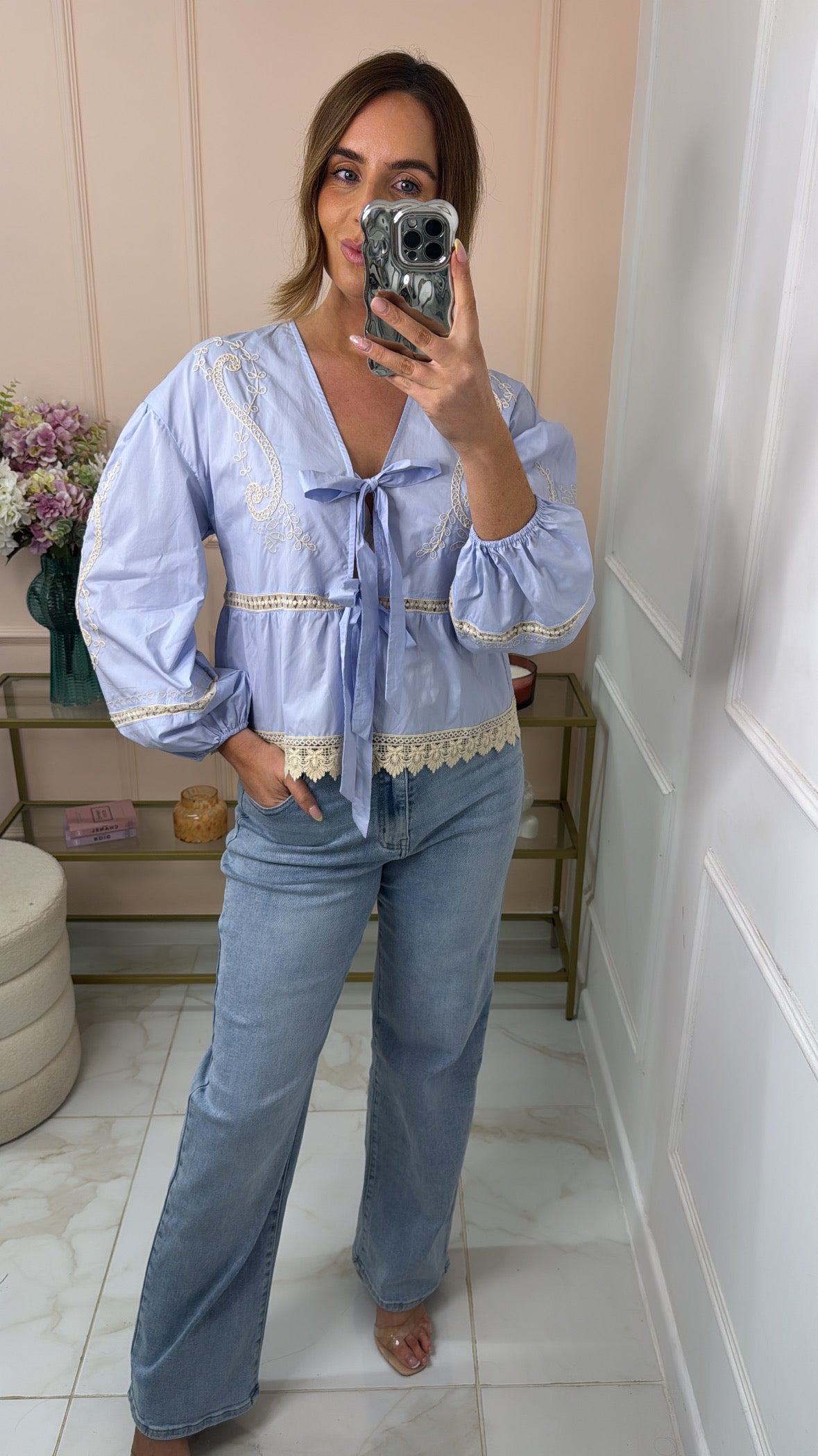 MILLY blue embroidered tie front blouse