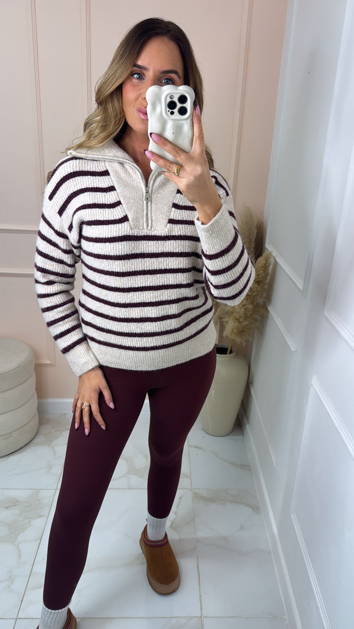 LULU burgundy stripe half zip knit sweater