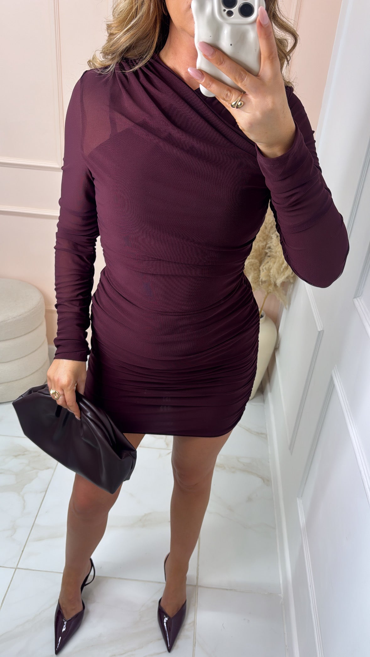 LUCIA plum mesh ruched mini dress