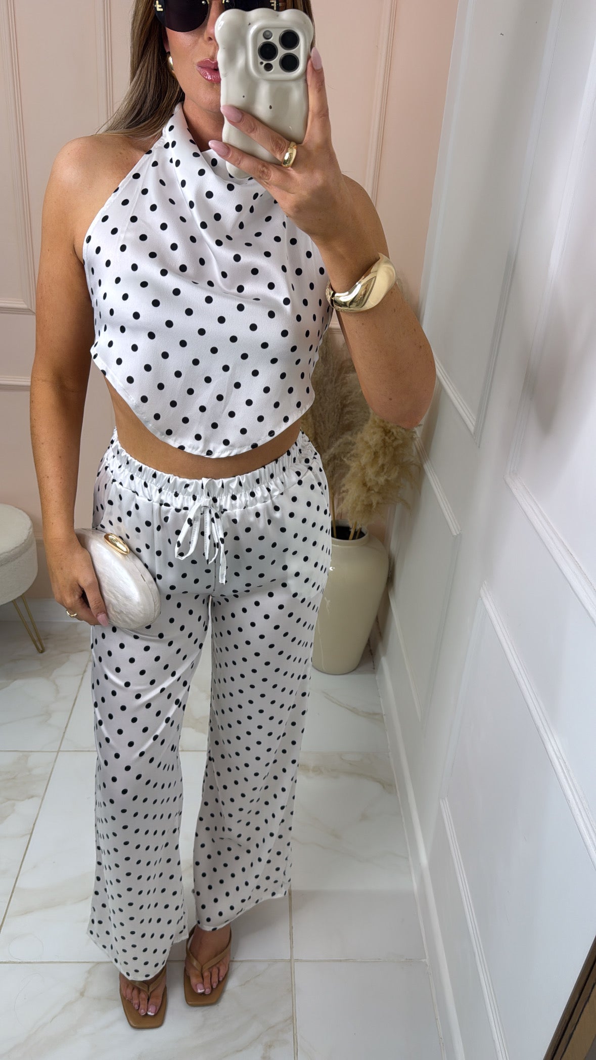 TALIA white polka dot halter neck trouser set