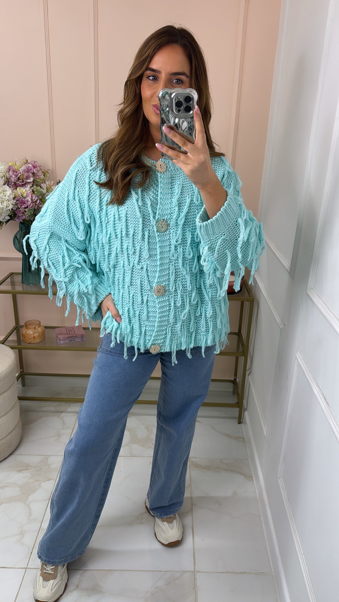 FLORENCE mint shaggy gold button cardigan