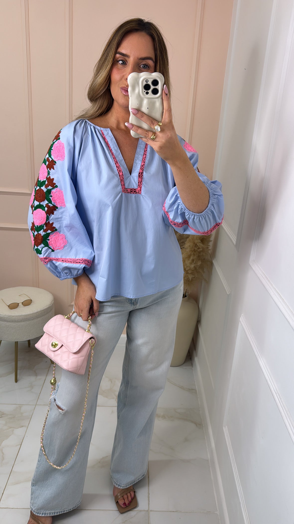 ERIN blue floral embroidered blouse