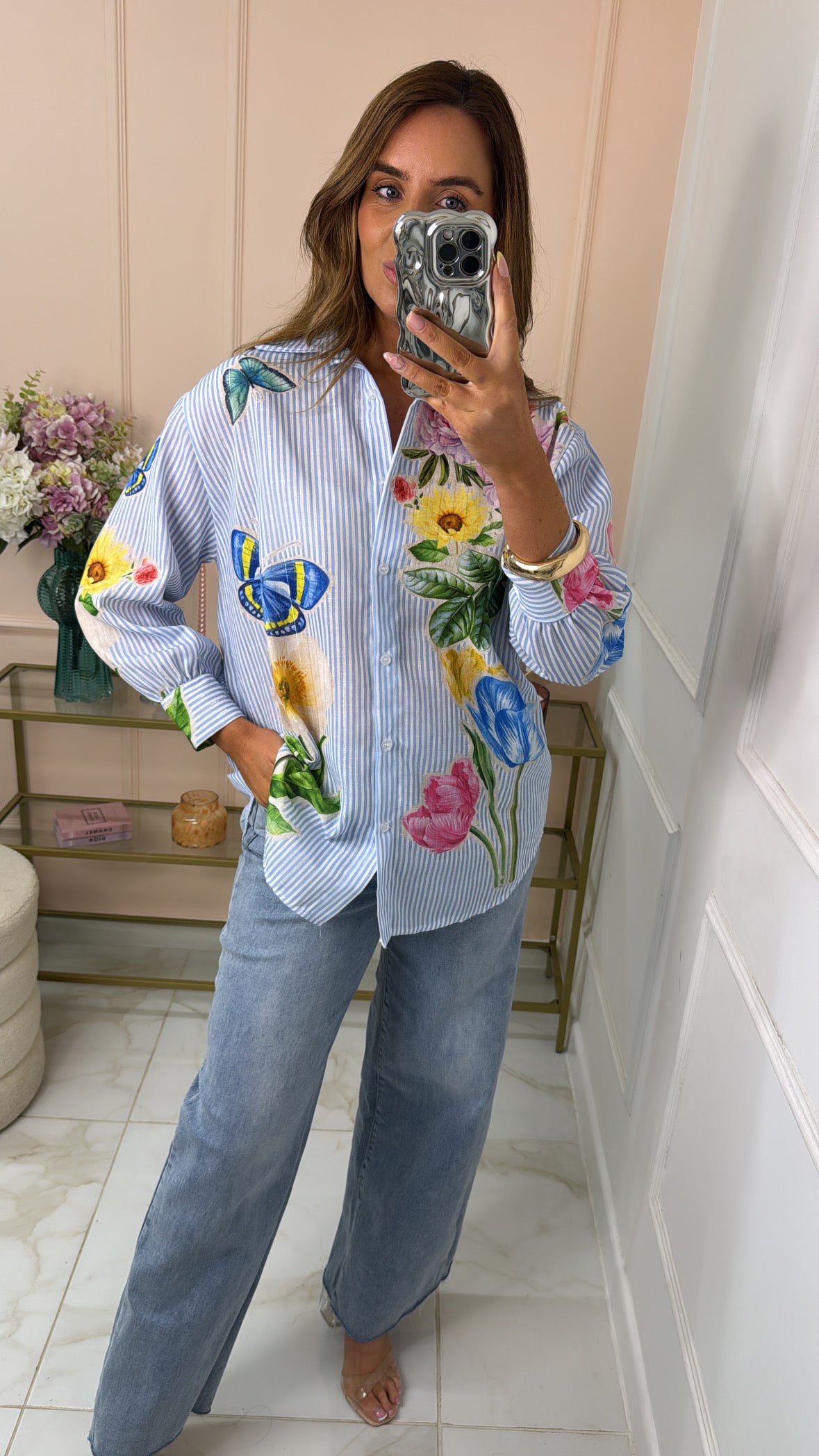 LOLA blue floral metallic stripe blouse