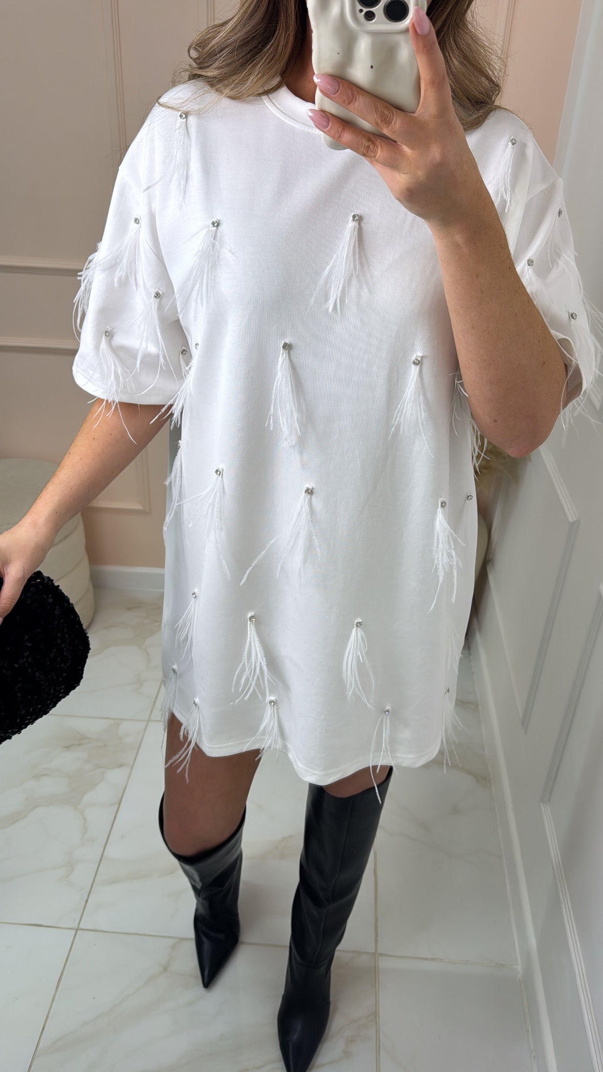 MIMI white feather detail tshirt dress