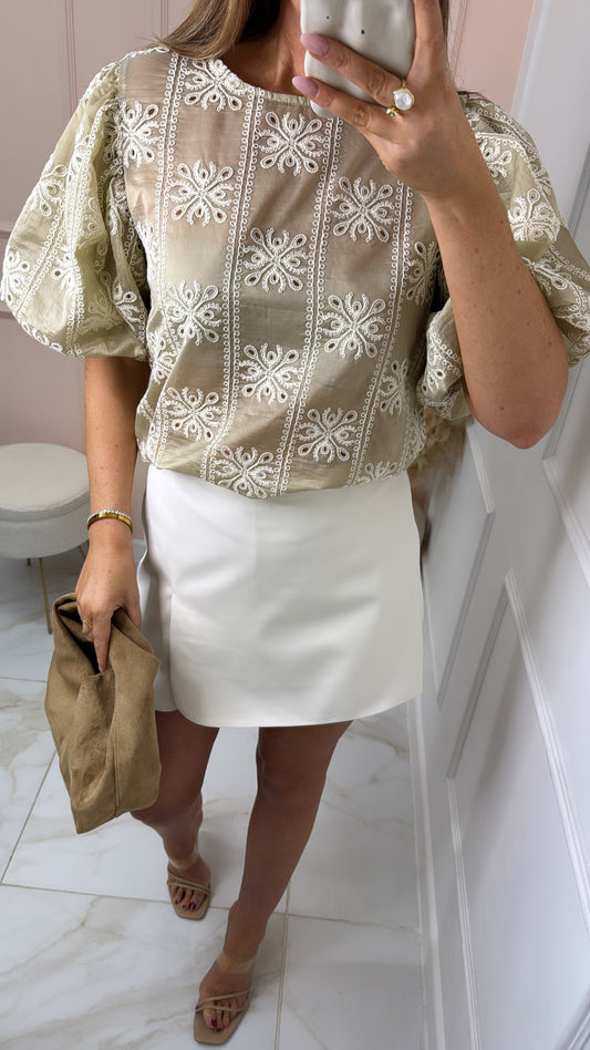 JONIE beige embroidered puff sleeve top