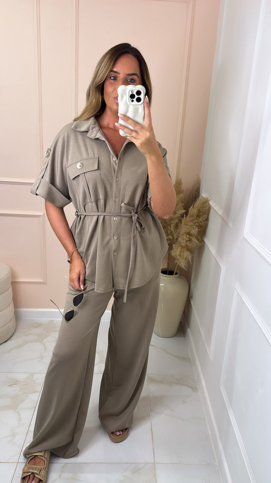 MEG taupe button up tie waist trouser set