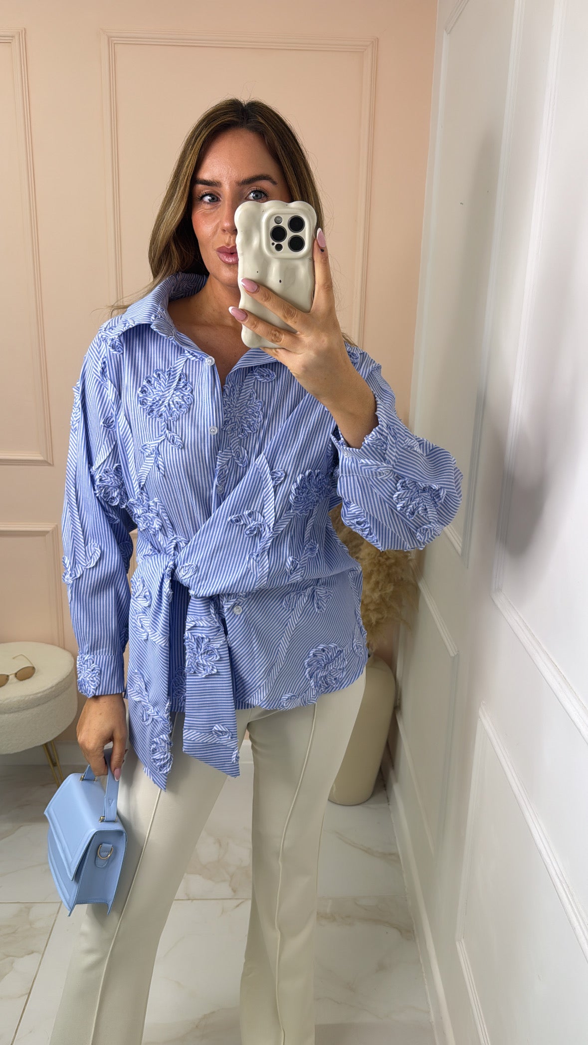 MELANIE blue pinstripe tie front shirt