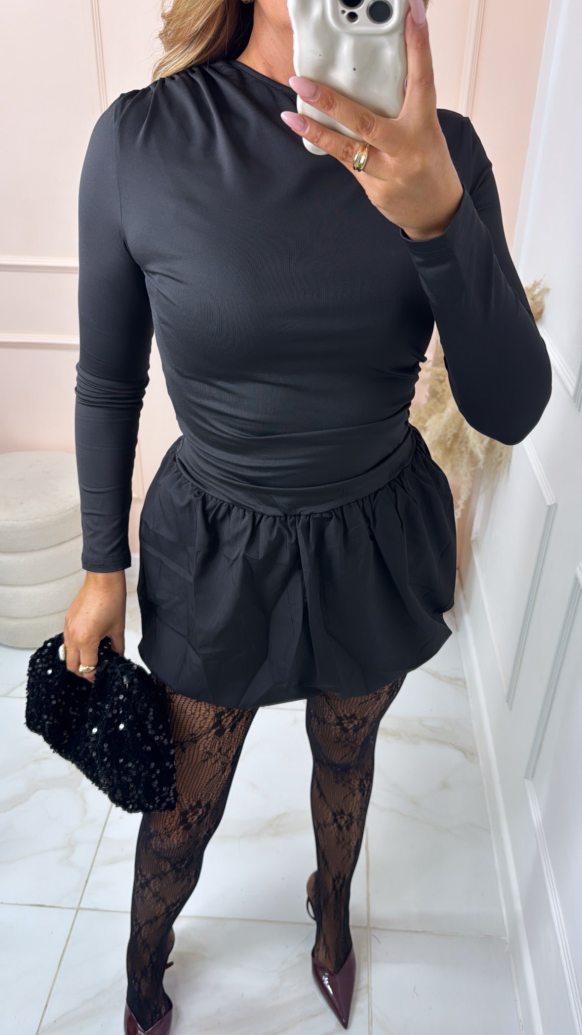 SOPHIA black puffball gathered waist mini dress