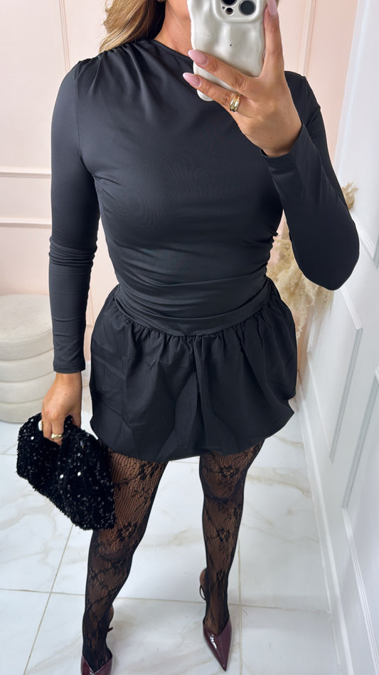 SOPHIA black puffball gathered waist mini dress