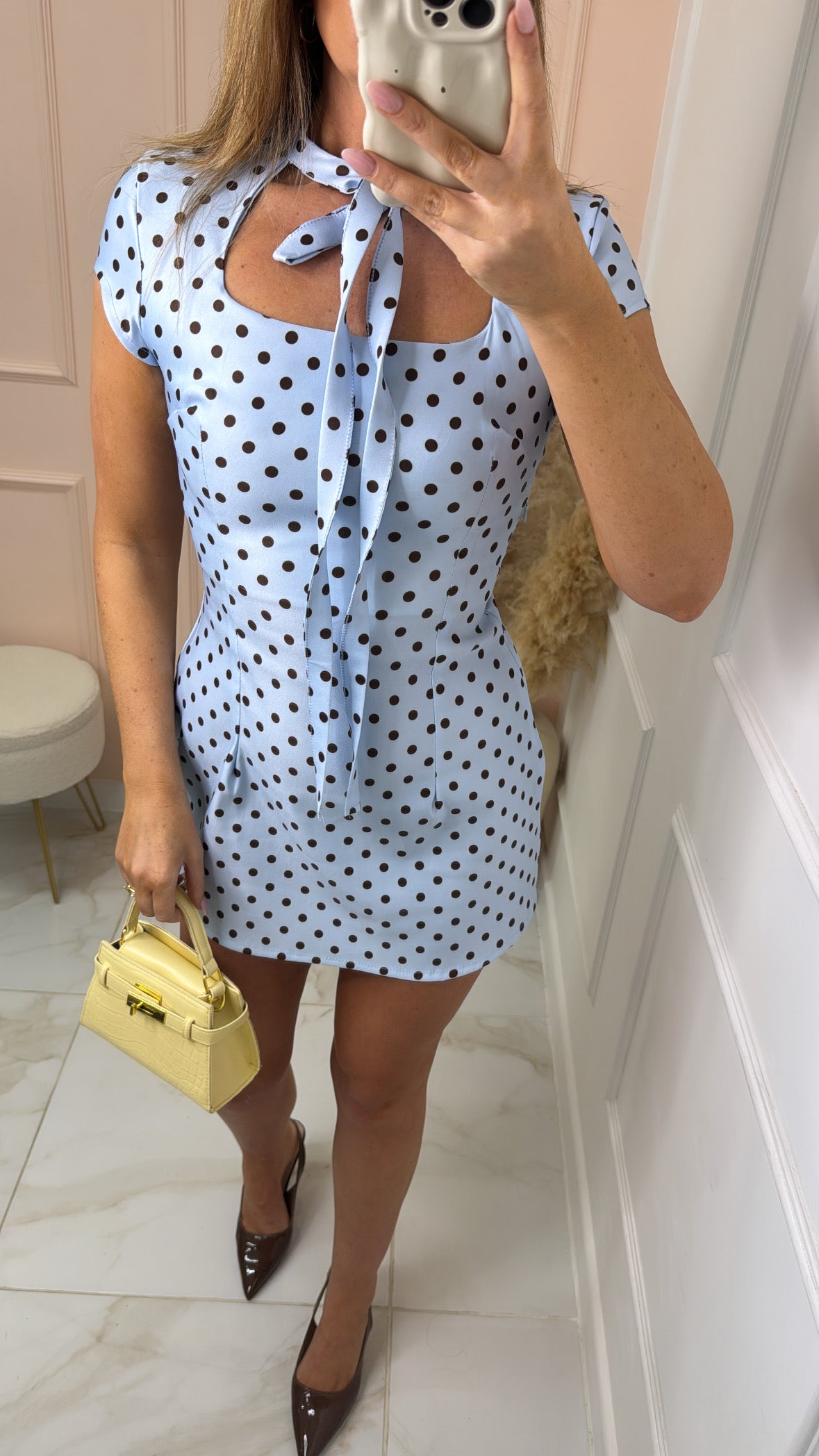 ALINA blue polka dot cut out mini dress