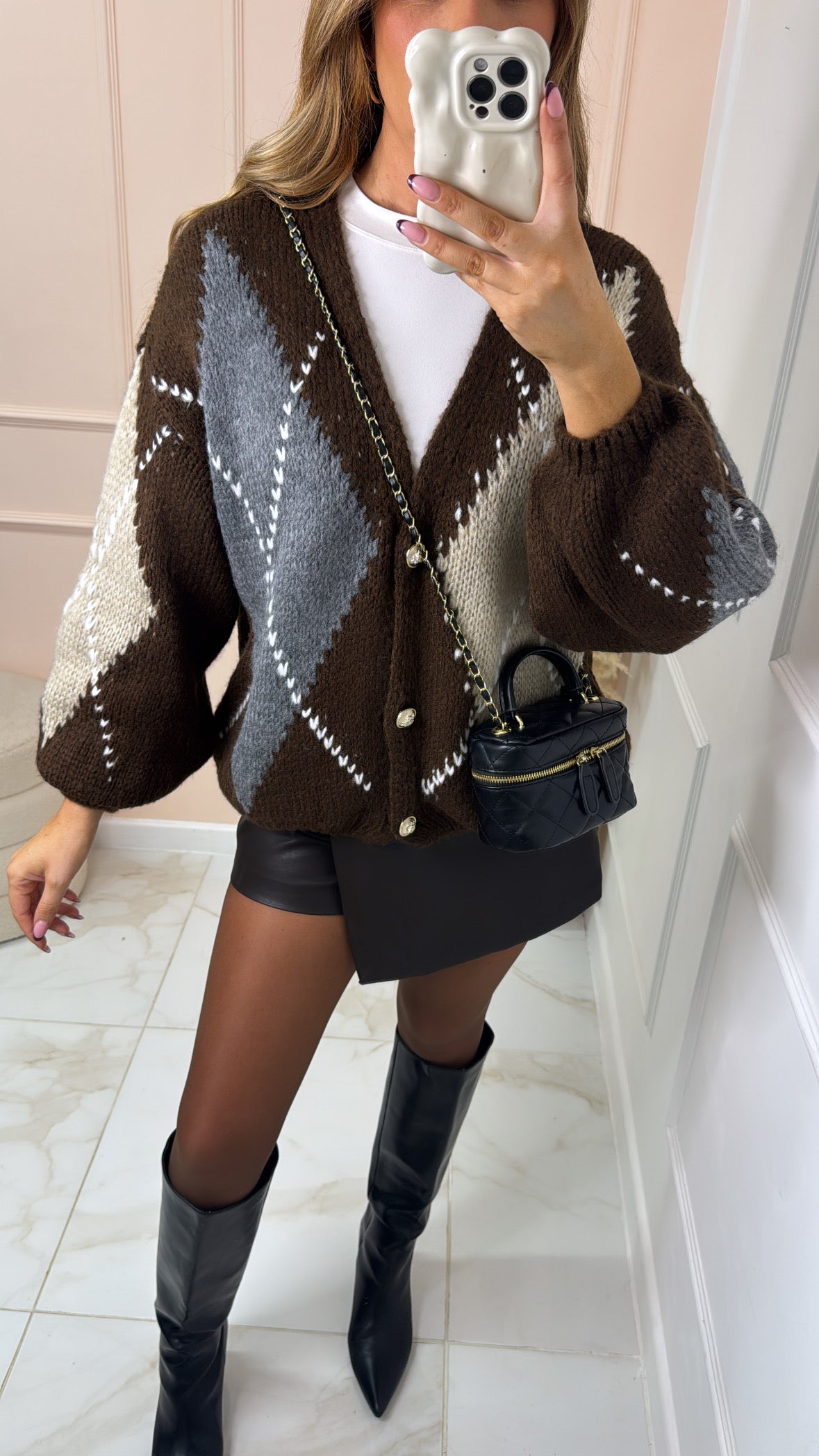 DARCIE brown argyle button front cardigan